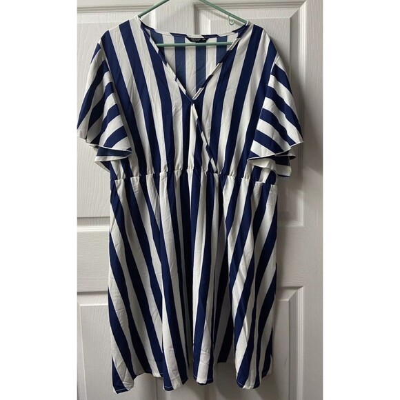 Shein Curve Striped Wrap Dress Womens Plus Size 3XL Blue White Striped Flutter - Picture 1 of 5